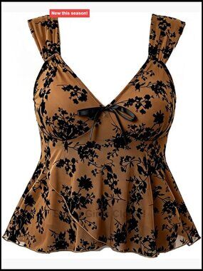 Plus Size Floral Mesh Crop Top Asymmetrical Tank Peplum Layered Flowy